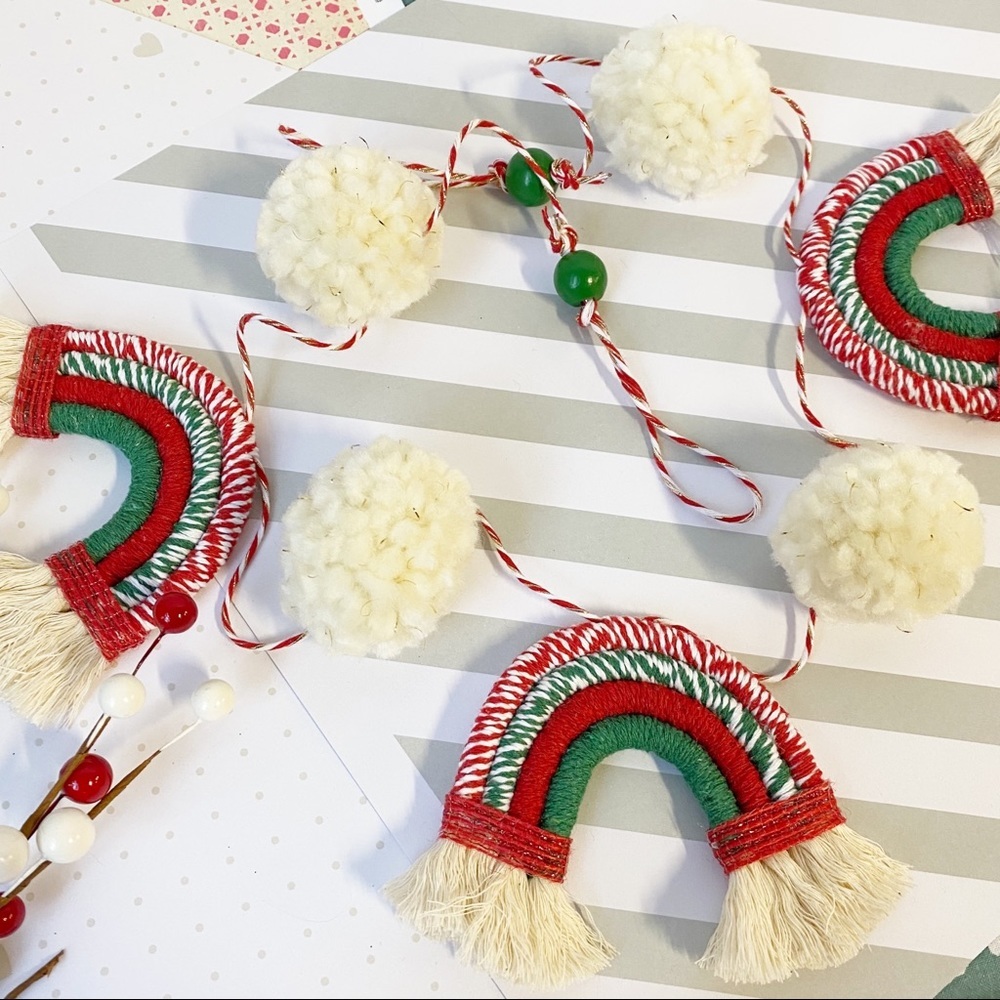 Christmas Handmade Mini Rainbow Pom Pom Garland Kids Decor Handcrafted Party
